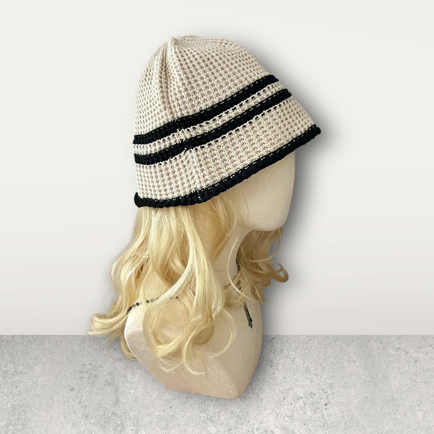 Crochet Bucket Hat – Beige & Black Striped2