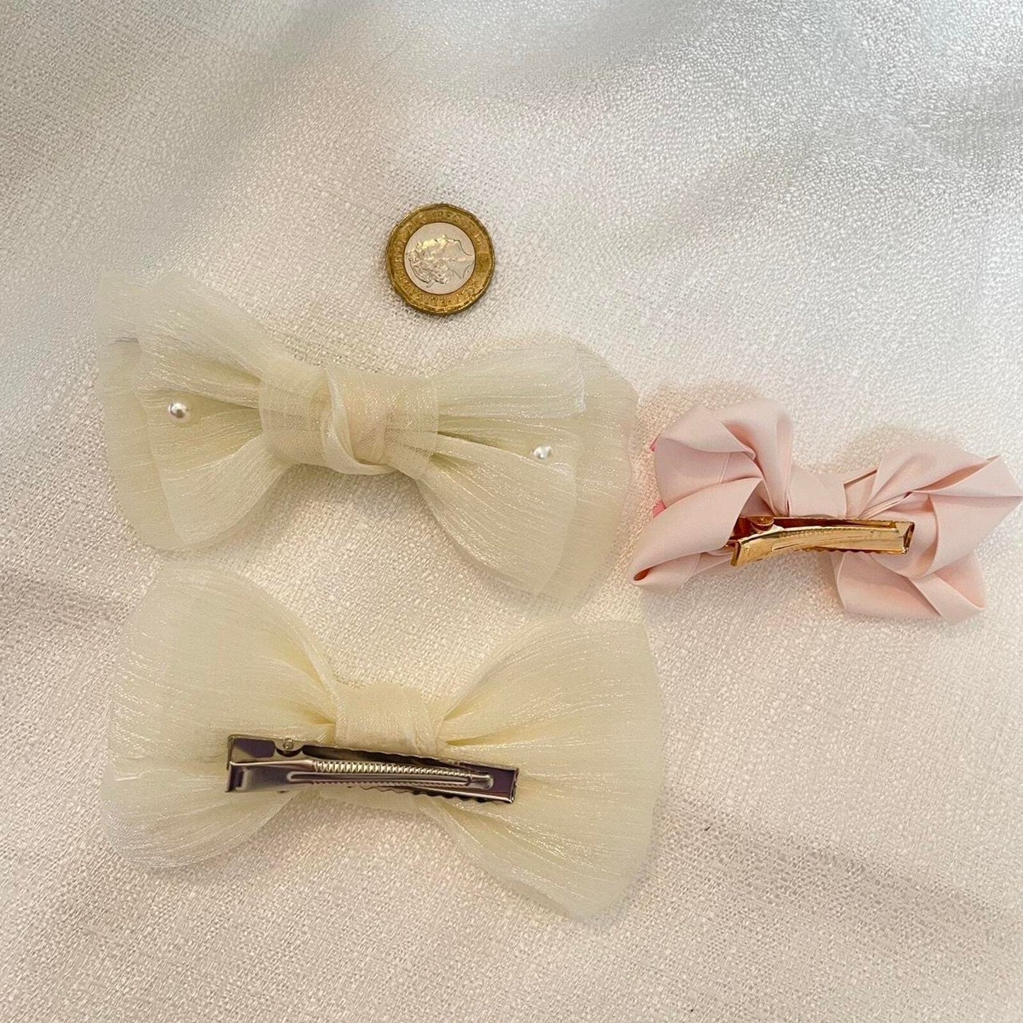 Cream tulle and pink bow hair clips bundle3