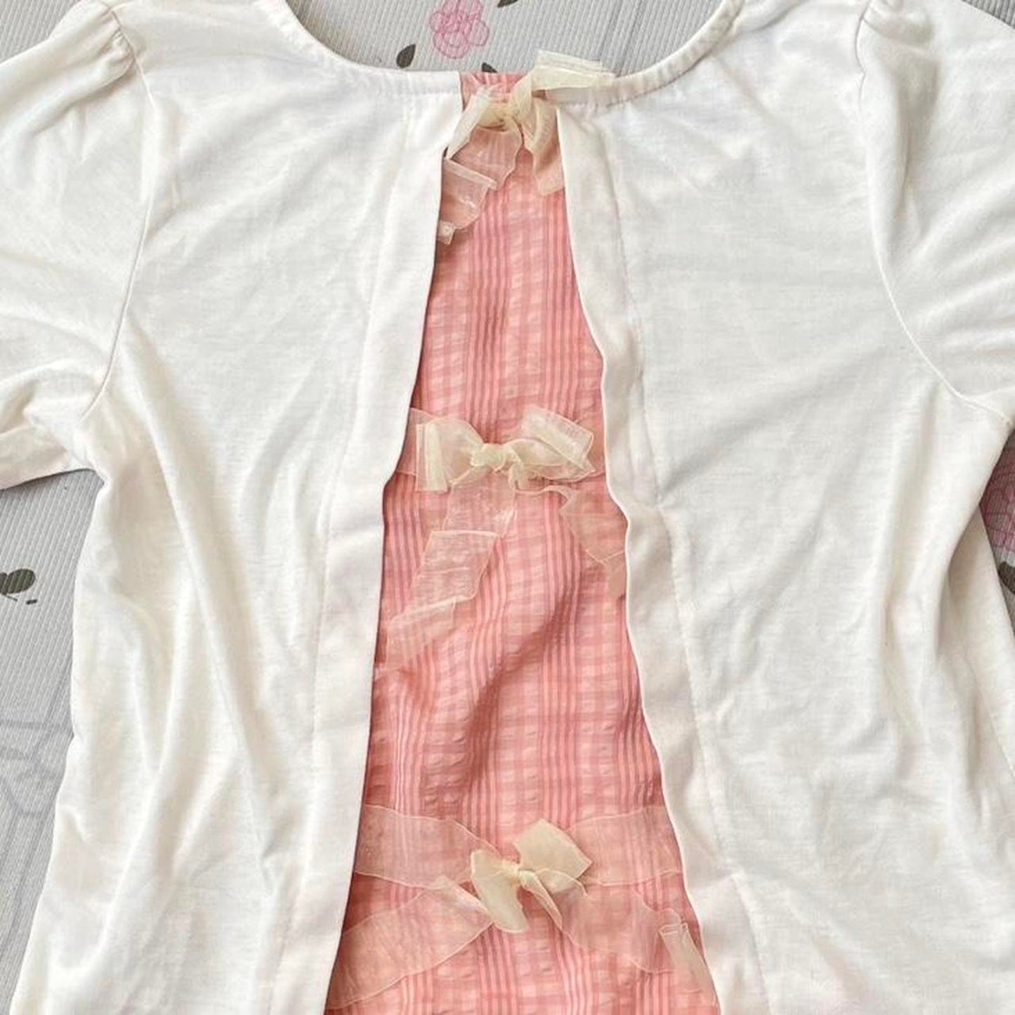 Axes Femme white and pink frill-back top with bow accents5