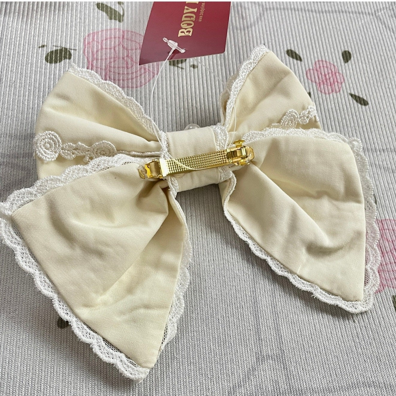 Bodyline cream/light yellow lace-trim bow hair clip, Japan Lolita accessory3