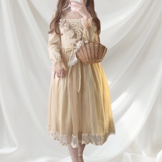 Vintage-inspired midi dress with a lace-up detail with ruffles and a lace belt 1