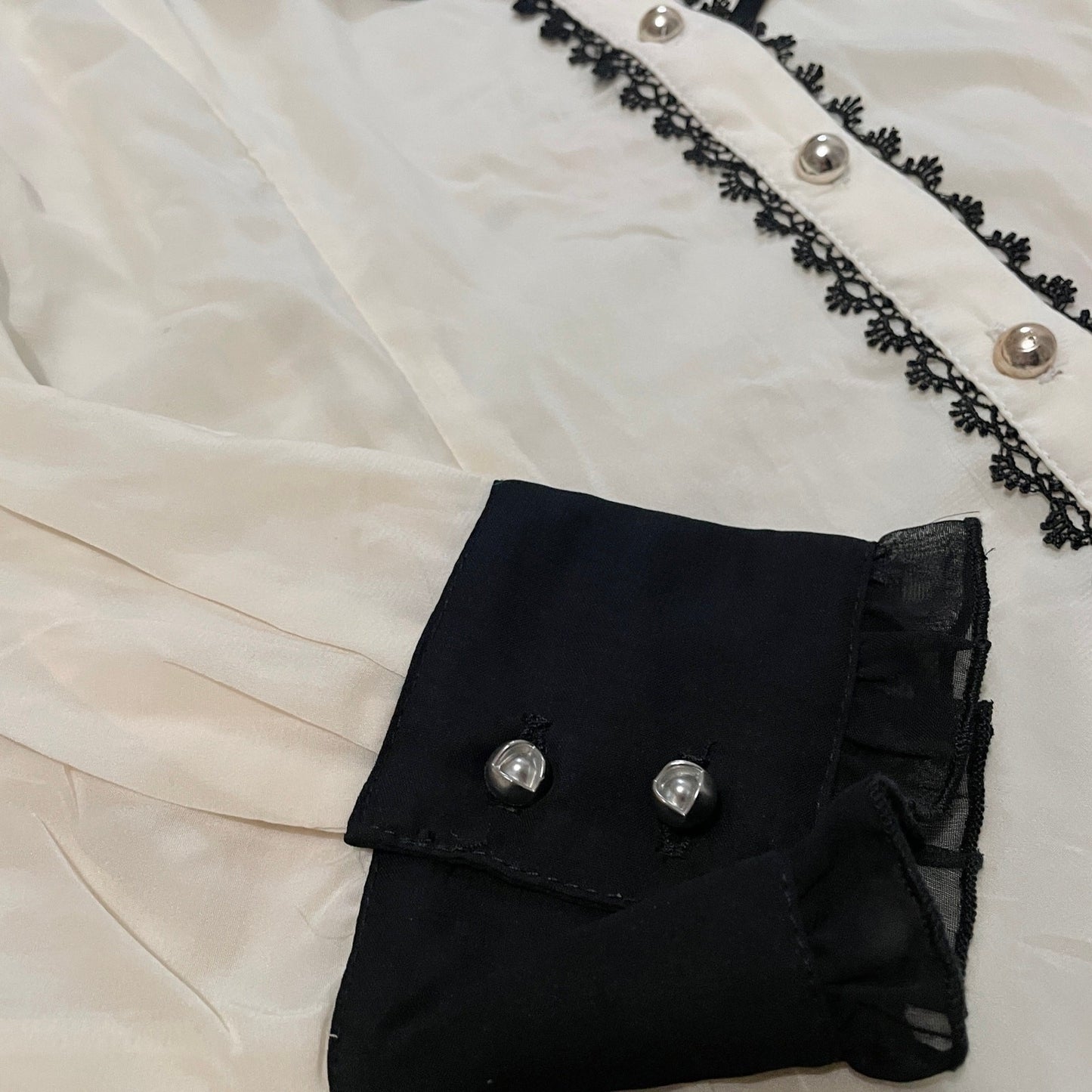 y2k Japanese ruffle blouse – sheer ivory shirt with contrast cuffs5