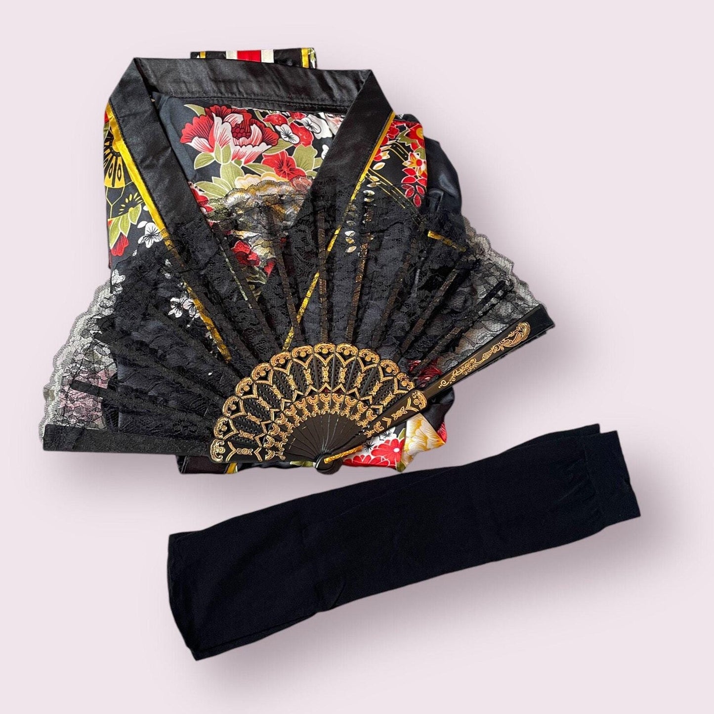 Japanese floral kimono Halloween costume with black socks and holding fan5