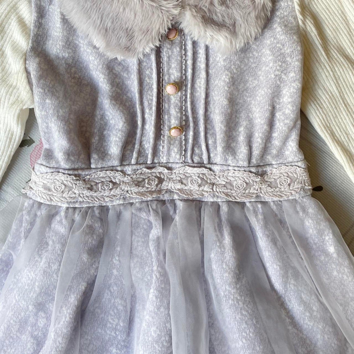 Liz Lisa mini velour dress with lace mesh overlay and faux fur collar5