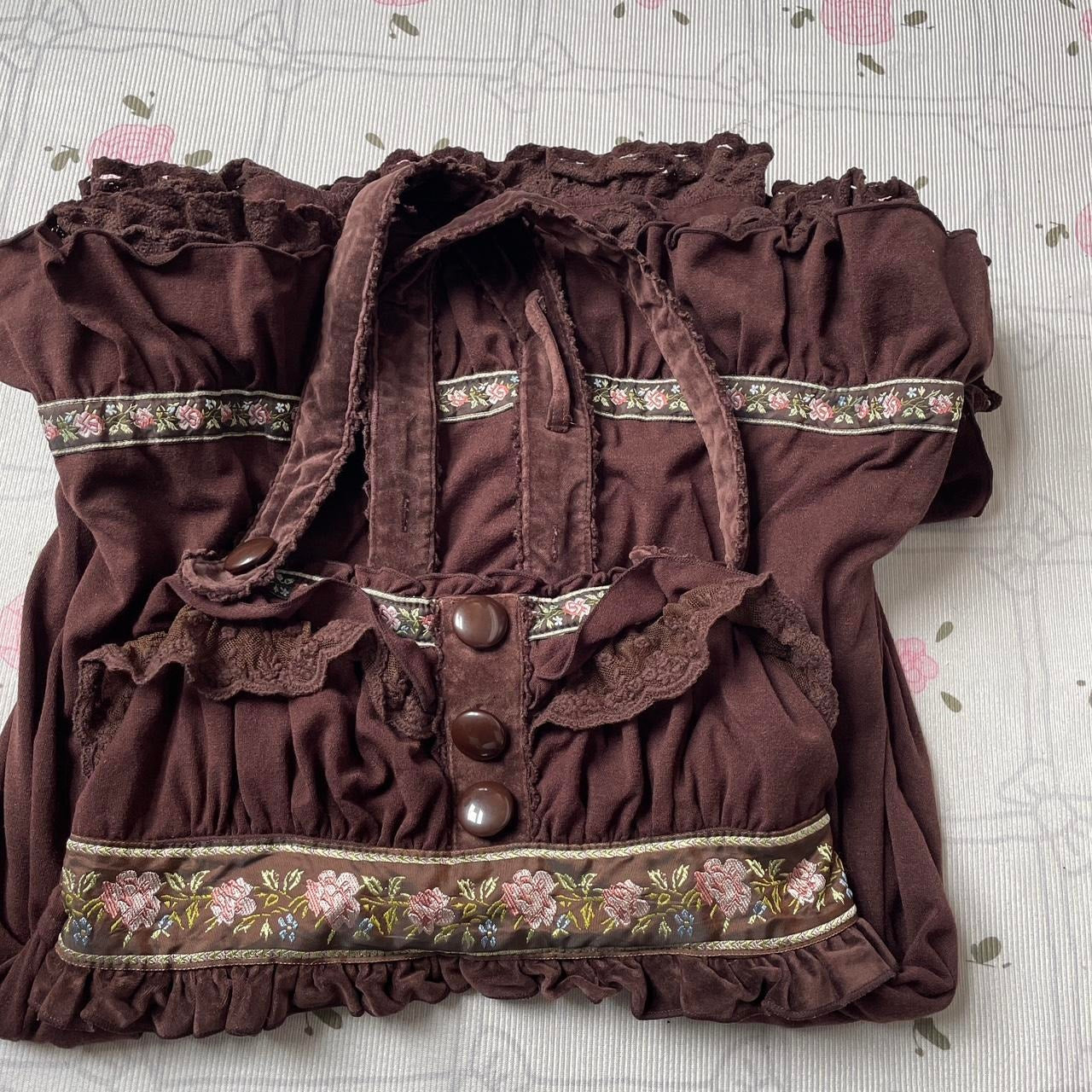 Liz Lisa brown dress with floral embroidery and ruffled straps and hem5