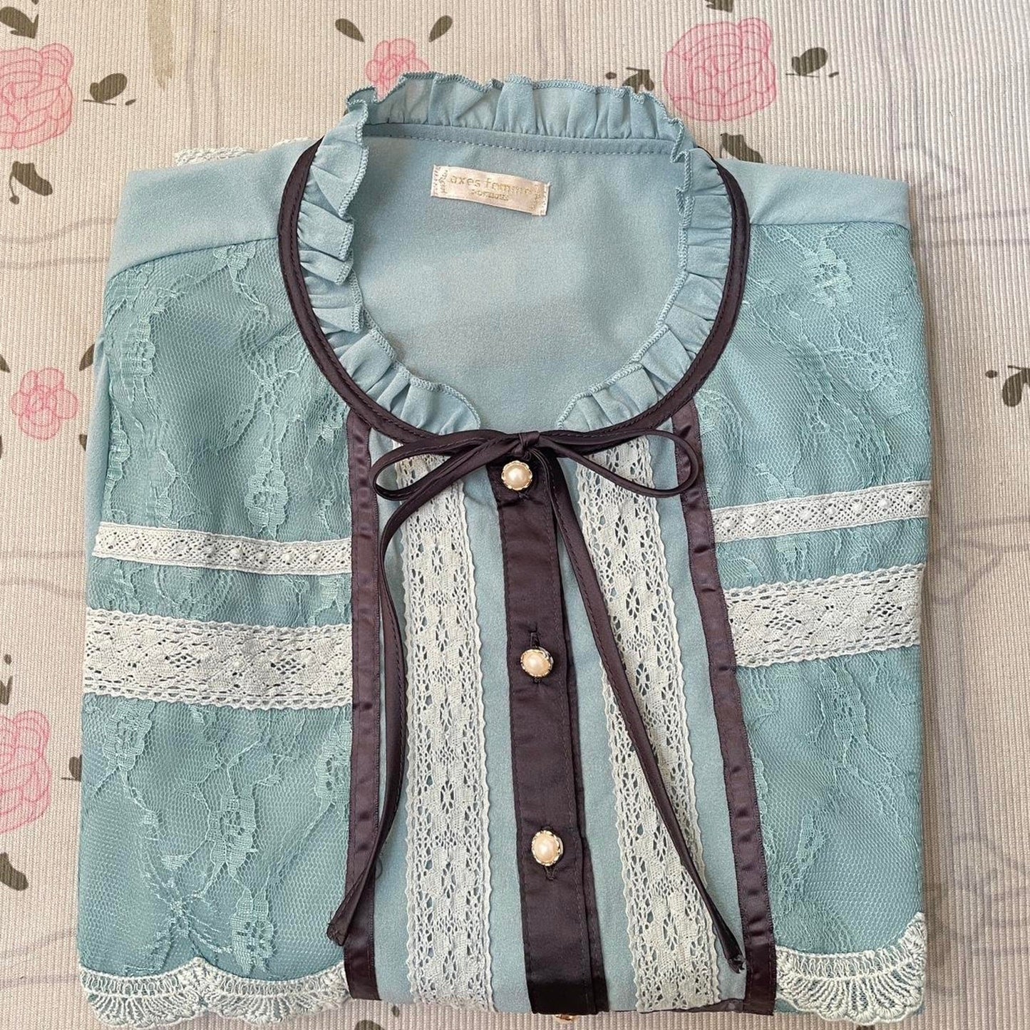 Axes Femmelace-panel blouse in dusty blue with pearl buttons6