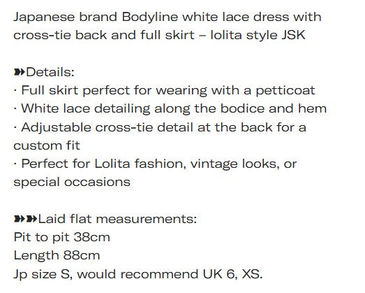 Bodyline white  lace dress with cross-tie back and full skirt – lolita JSK XS7