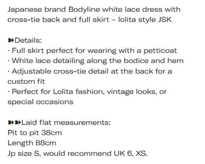 Bodyline white  lace dress with cross-tie back and full skirt – lolita JSK XS7