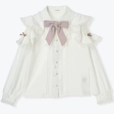 Noemie cold-shoulder frill blouse with bow – white lace girly top0