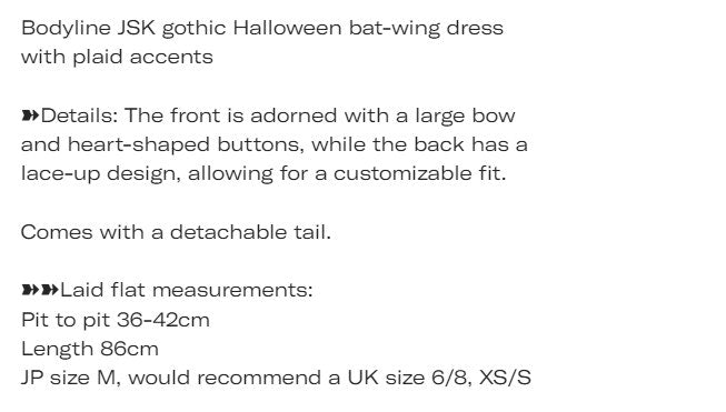 Bodyline JSK gothic Halloween bat-wing dress with plaid accents JP size M8