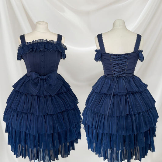 Atelier Pierrot shiny chiffon corset jsk navy tiered lolita dress0