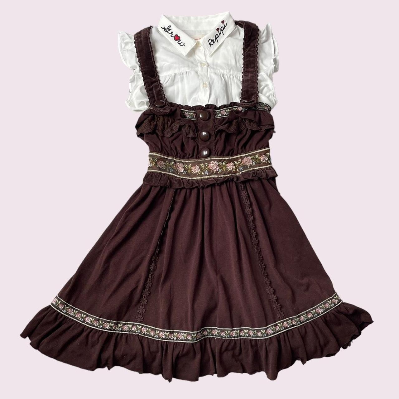 Liz Lisa brown dress with floral embroidery and ruffled straps and hem0
