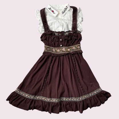 Liz Lisa brown dress with floral embroidery and ruffled straps and hem0