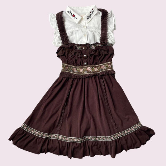 Liz Lisa brown dress with floral embroidery and ruffled straps and hem0