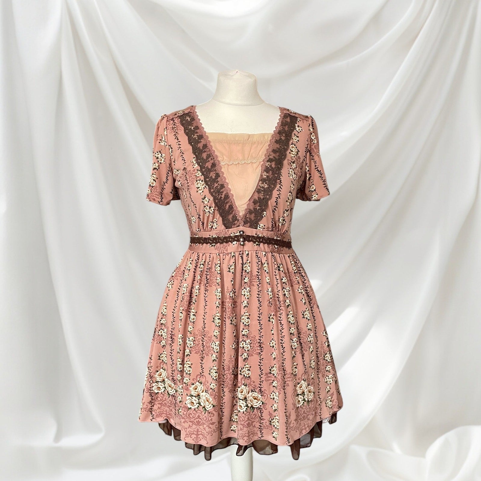 Axes Femme Dusty Pink Floral Dress VNeck Lace Kawaii Mori Kei0
