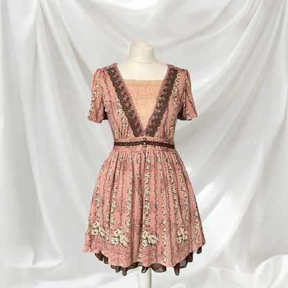 Axes Femme Dusty Pink Floral Dress VNeck Lace Kawaii Mori Kei0
