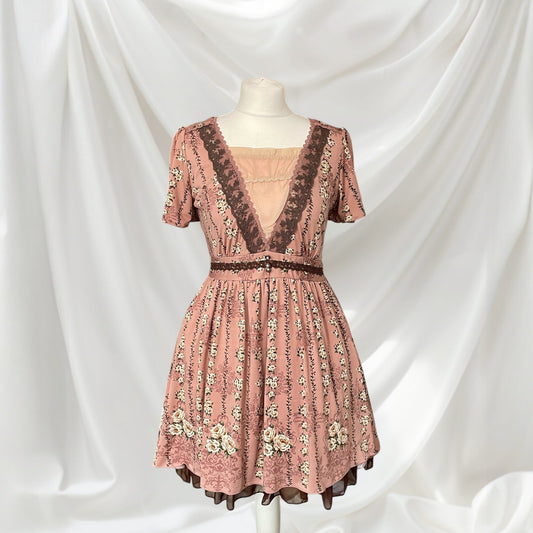 Axes Femme Dusty Pink Floral Dress VNeck Lace Kawaii Mori Kei0