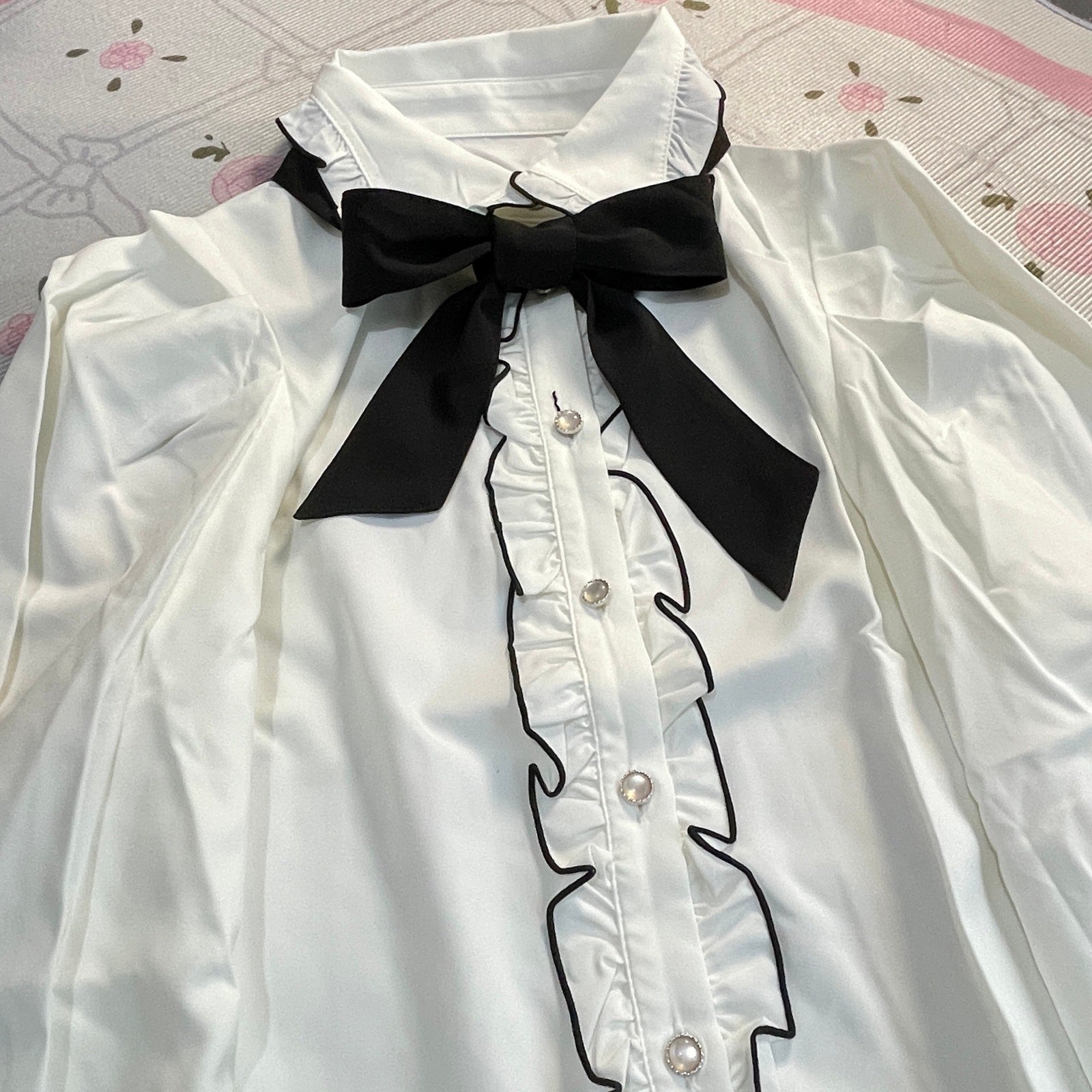 GRL Ribbon Blouse – White Ruffle Shirt with Black Bow, Kawaii J-fashion2
