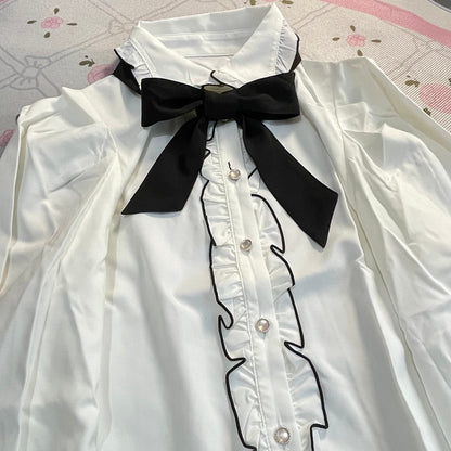 GRL Ribbon Blouse – White Ruffle Shirt with Black Bow, Kawaii J-fashion2
