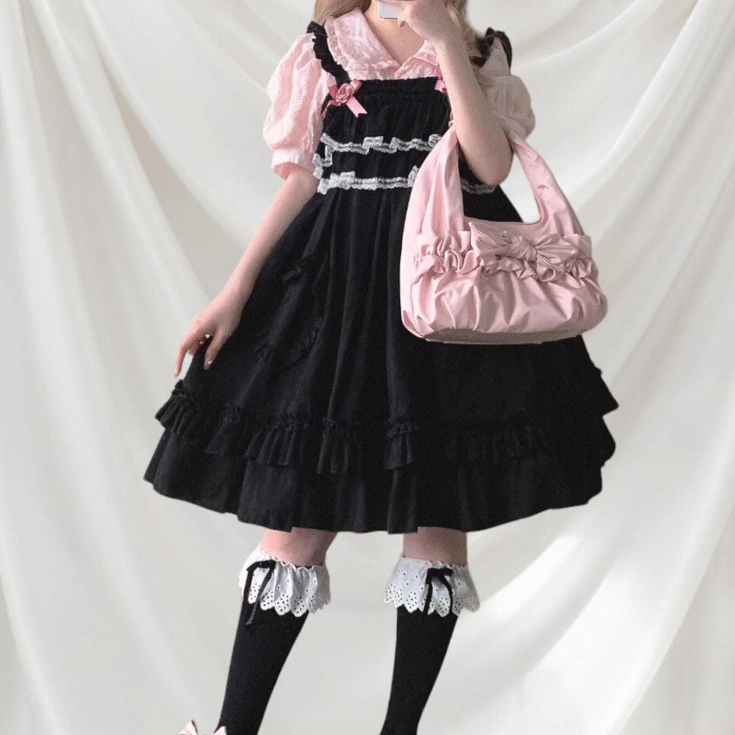 Black rose and lace cotton strap dress Jfashion kawaii light-lolita one size0