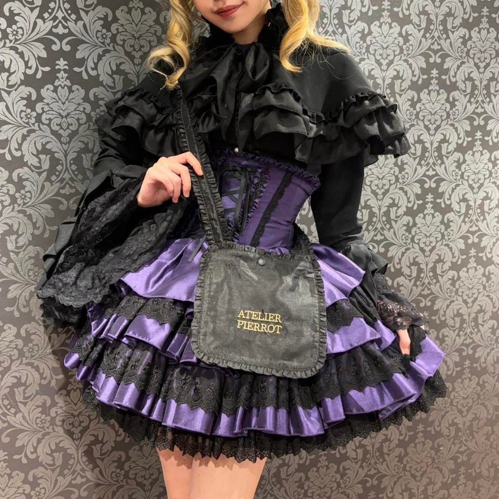 Atelier Pierrot frill strap mini shoulder bag - black velvet gothic lolita purse1