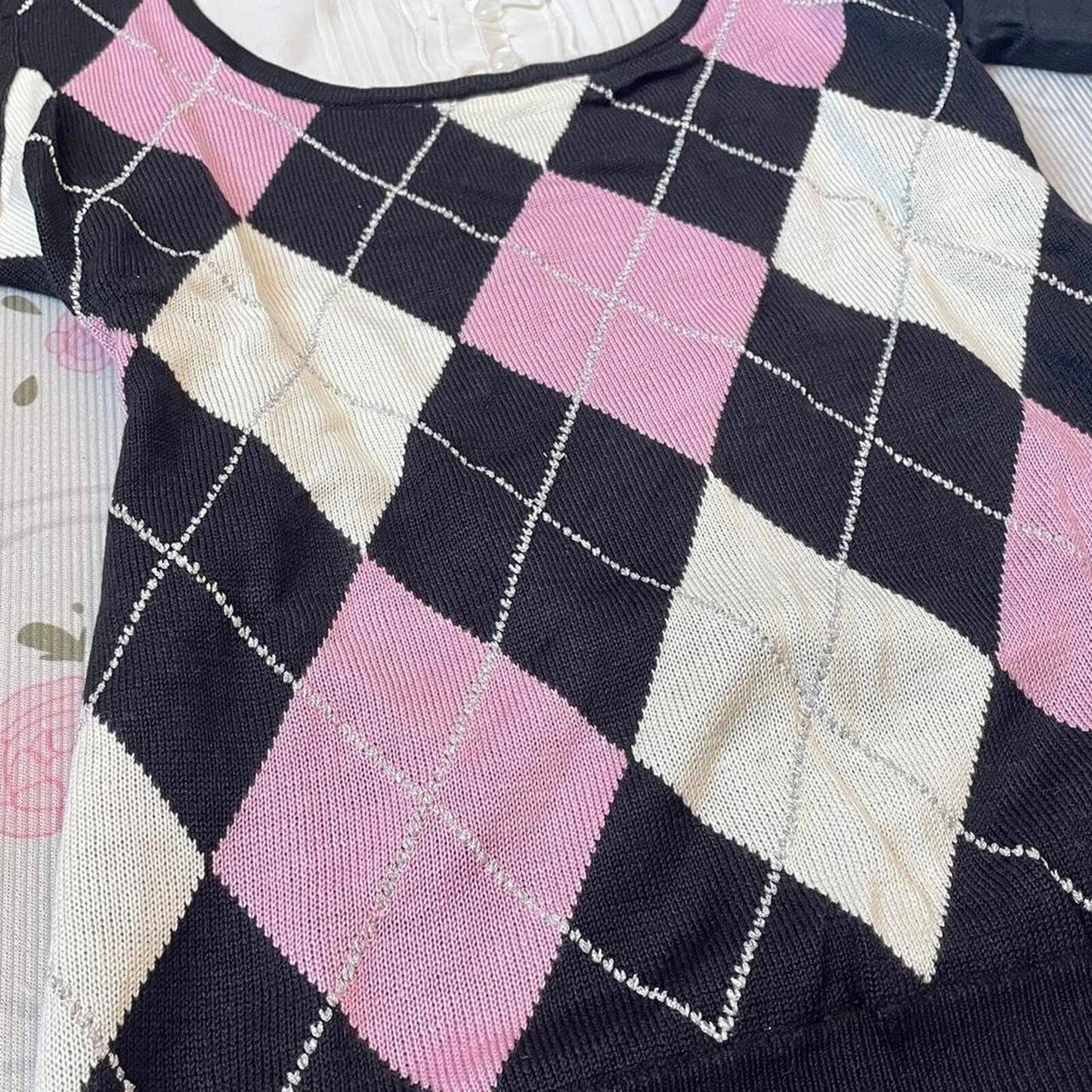 Vintage Japanese l argyle knit top with bow and button detail4