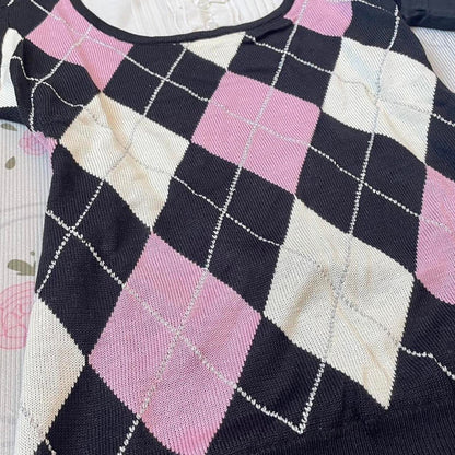 Vintage Japanese l argyle knit top with bow and button detail4