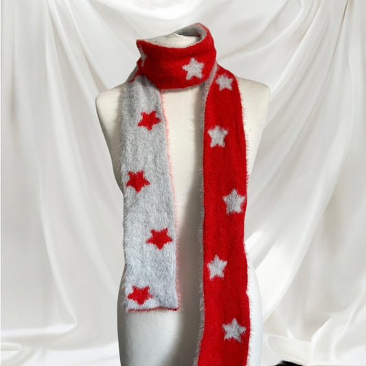Reversible skinny scarf faux fur star pattern y2k style winter accessory0