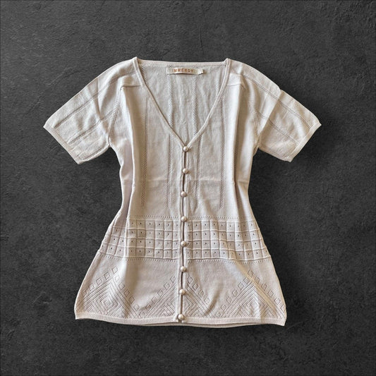 Vintage knit button-up top - light grey0