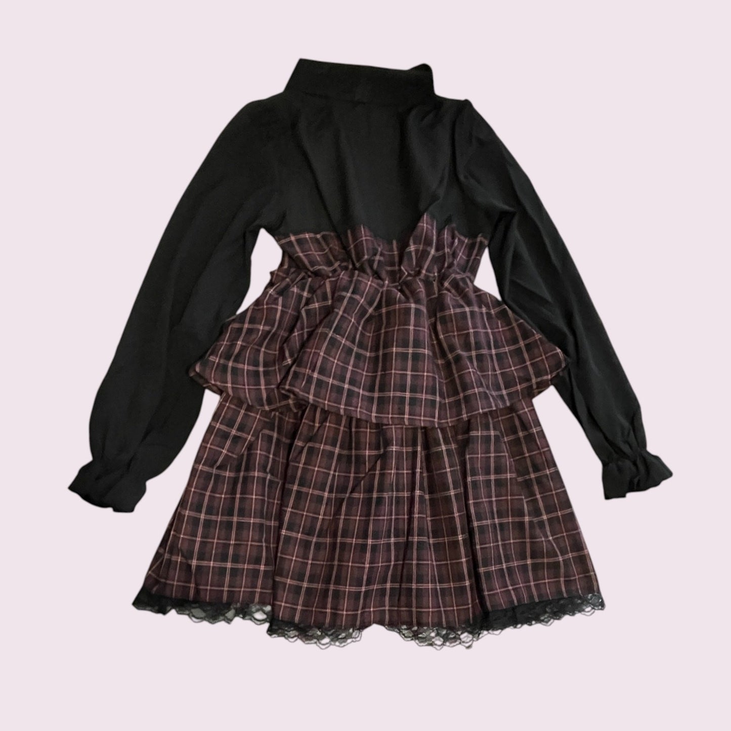 Majonetty Plaid Tiered Long Sleeve Dress Jirai Kei Subcul2