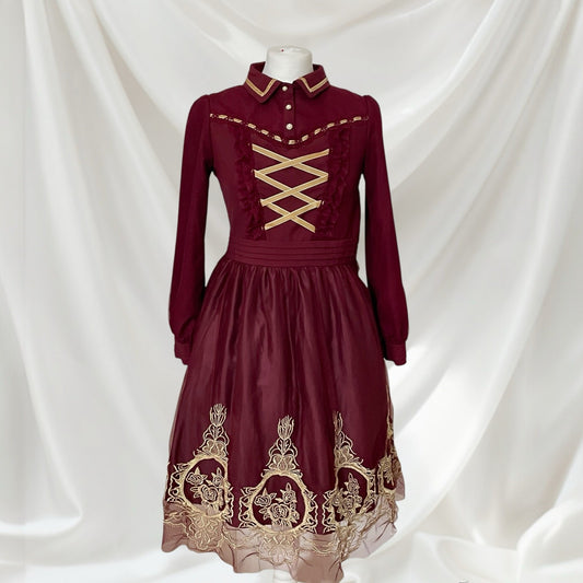 Axes Femme Burgundy Lolita Dress with a Separate Matching Petticoat0
