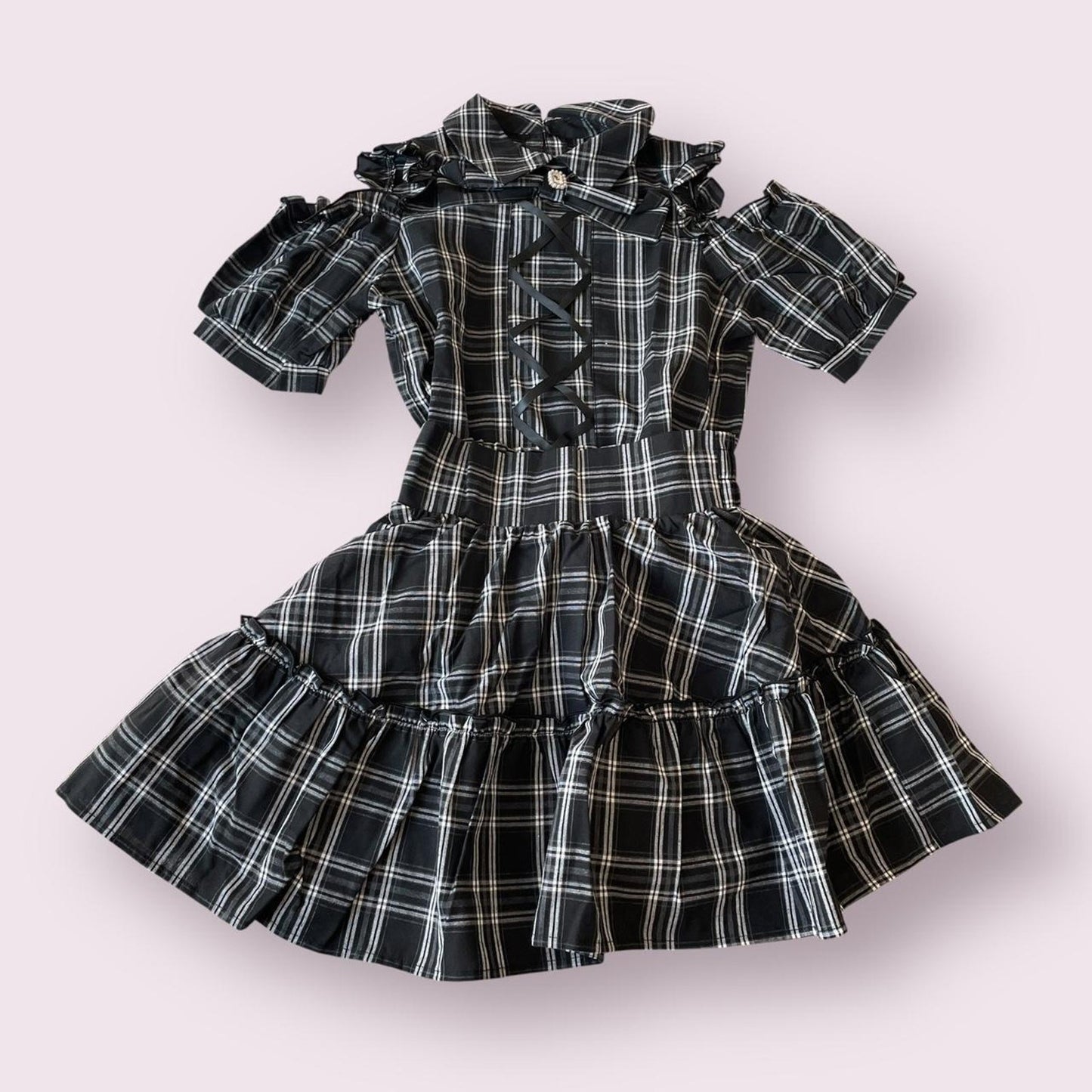 Japanese Jirai Kei plaid lace-up cold shoulder dress & tiered skirt set1