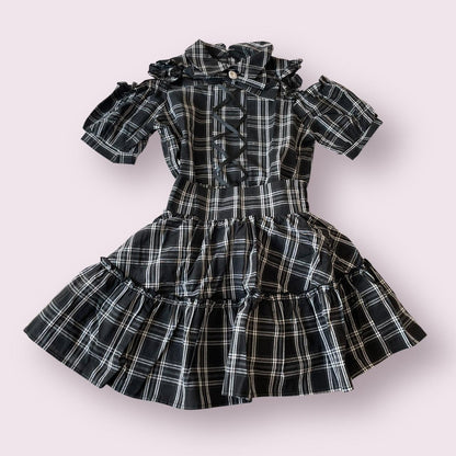 Japanese Jirai Kei plaid lace-up cold shoulder dress & tiered skirt set1