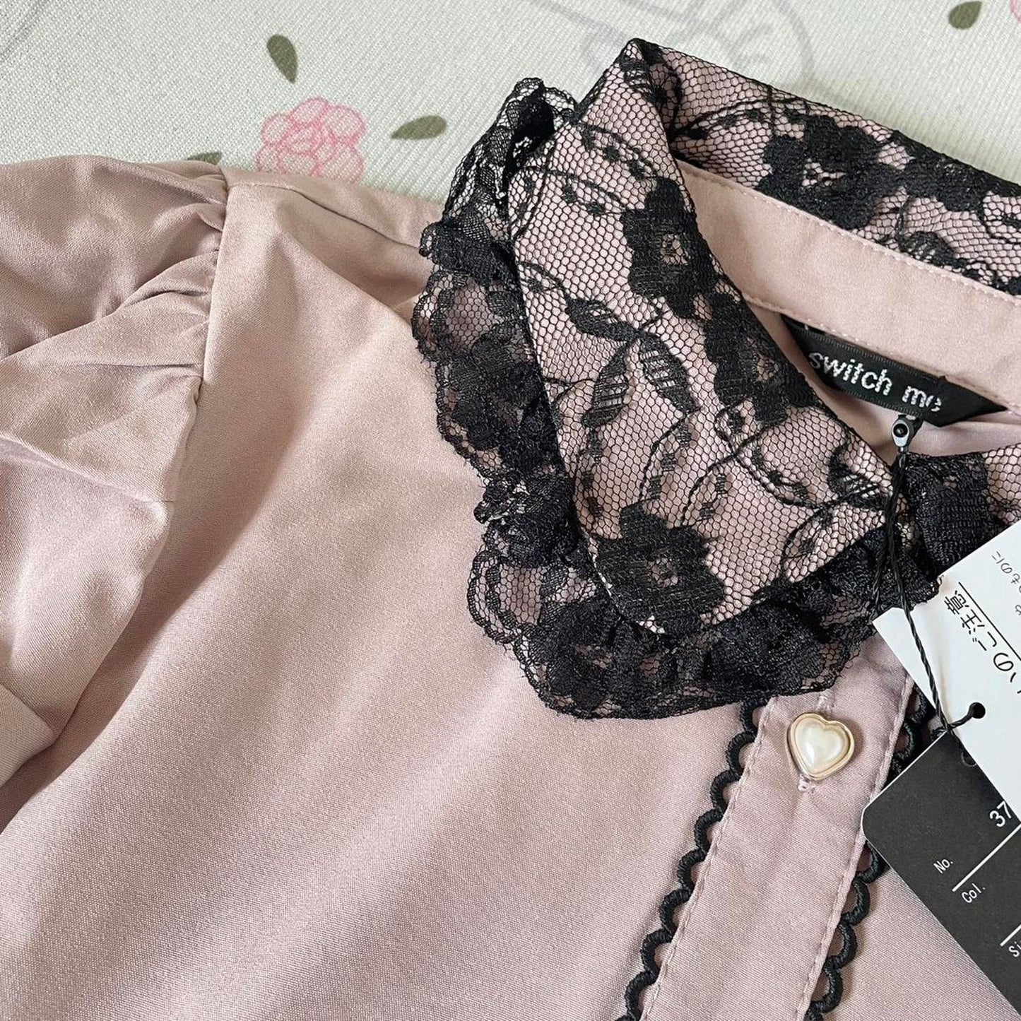 Japanese Brand romantic pink blouse with lace collar & ribbon tie – jp fashion2