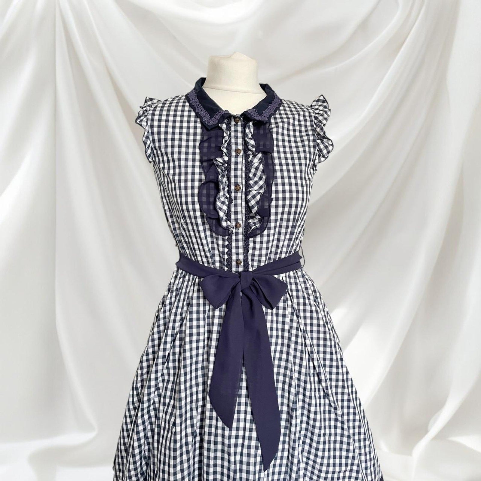 Axes Femme navy gingham check dress with ruffle trim and waist bow 1