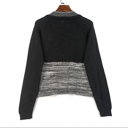 Japanese vintage faux two-piece layered knit top – monochrome style2