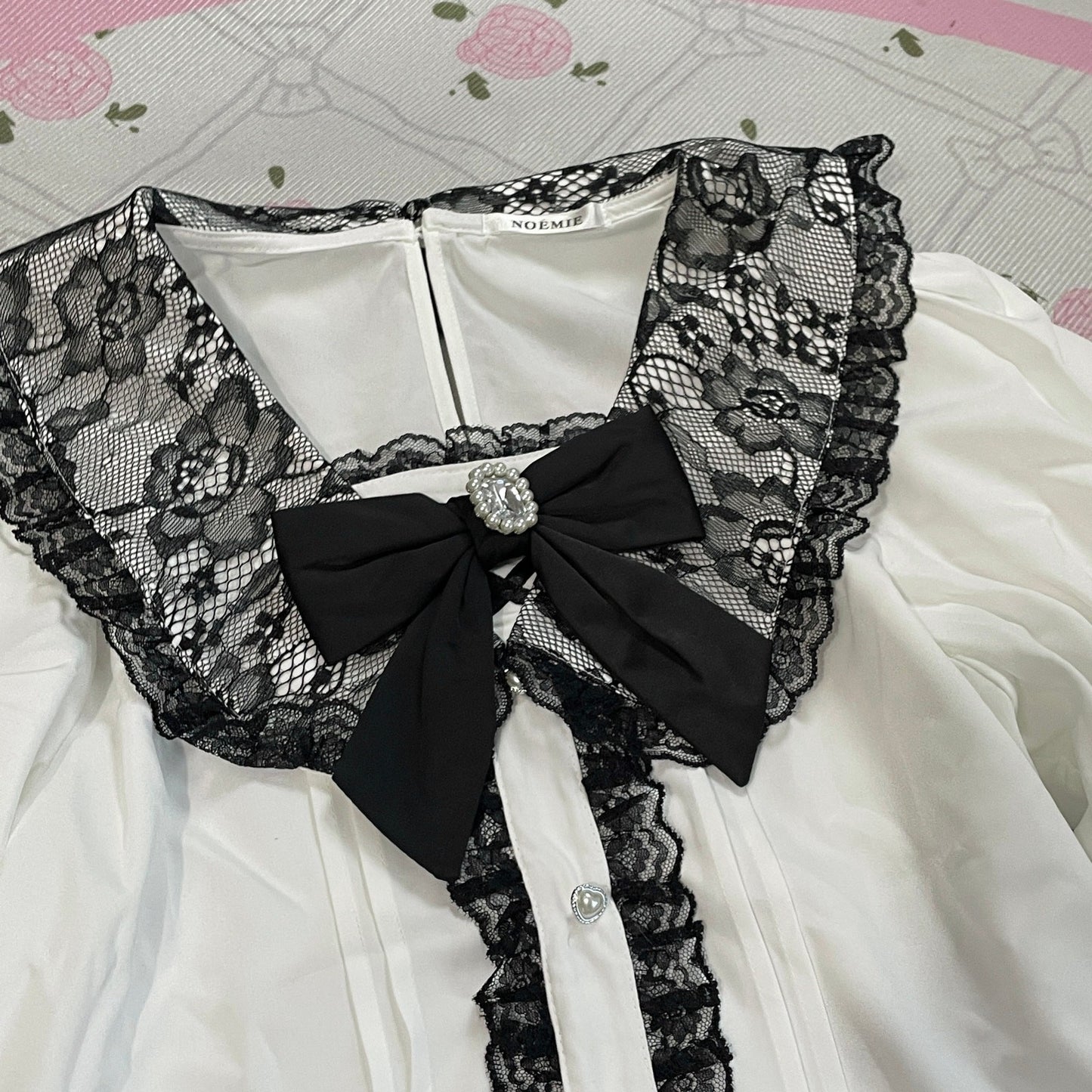 Noemie White Lace Blouse with Satin Bow & Pearl Button Details4