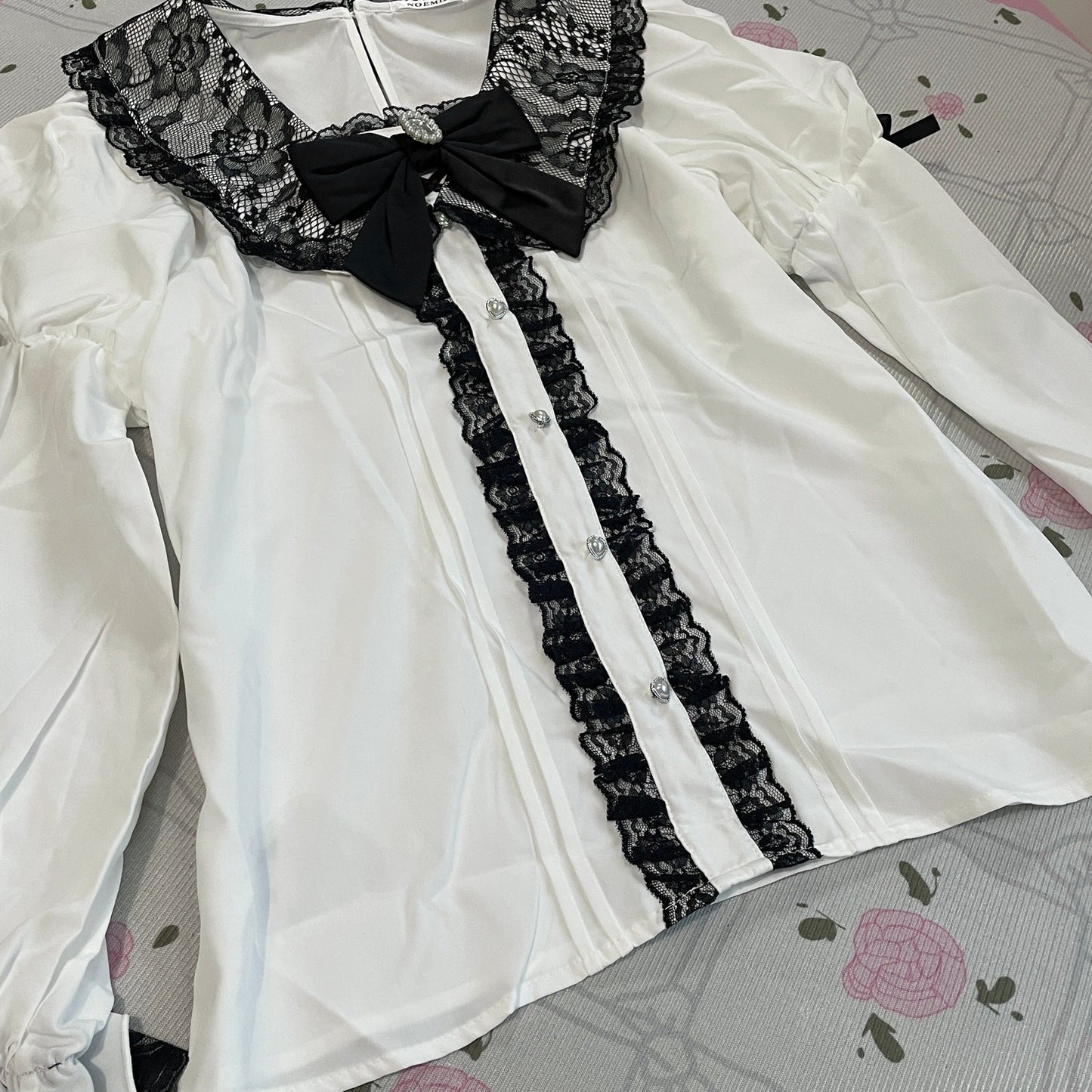 Noemie White Lace Blouse with Satin Bow & Pearl Button Details5