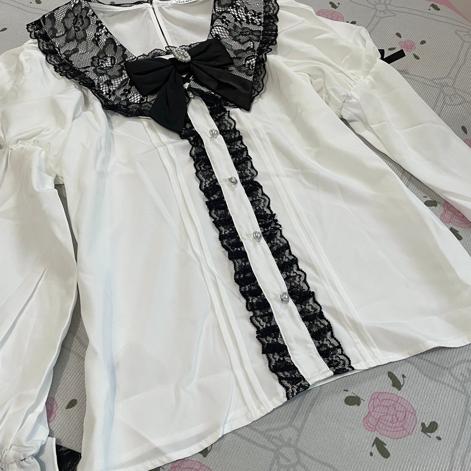 Noemie White Lace Blouse with Satin Bow & Pearl Button Details5