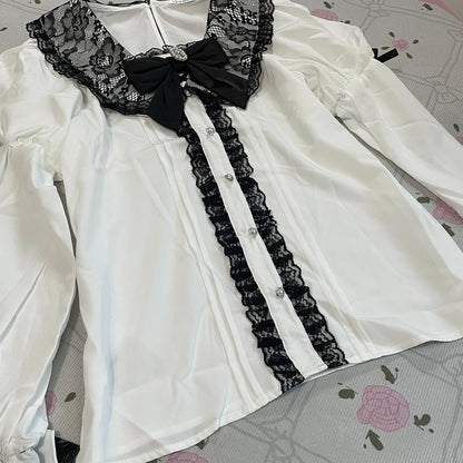Noemie White Lace Blouse with Satin Bow & Pearl Button Details5