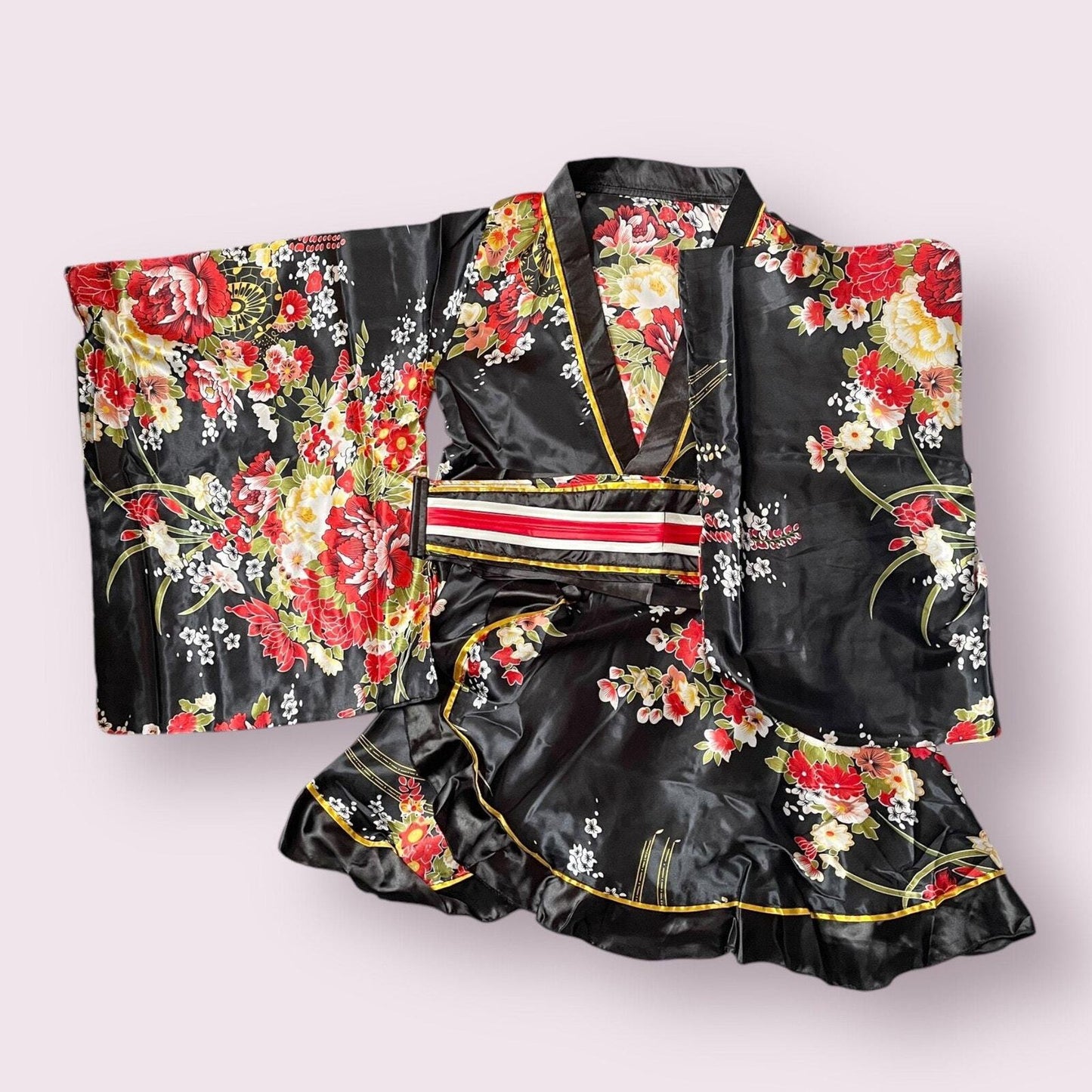Japanese floral kimono Halloween costume with black socks and holding fan1