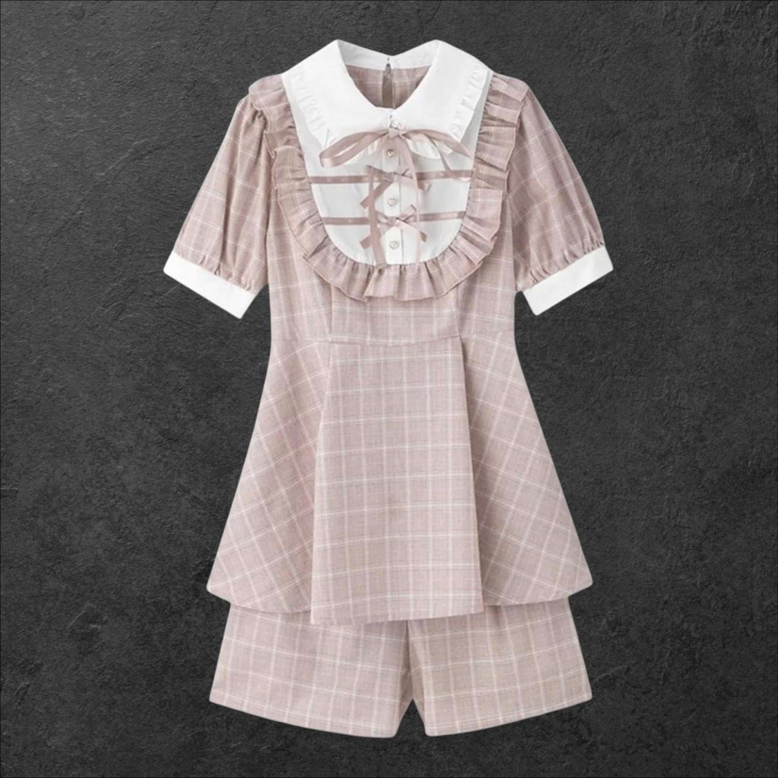 Japanese Jirai Kei plaid blouse & shorts set with frill collar and ribbon0