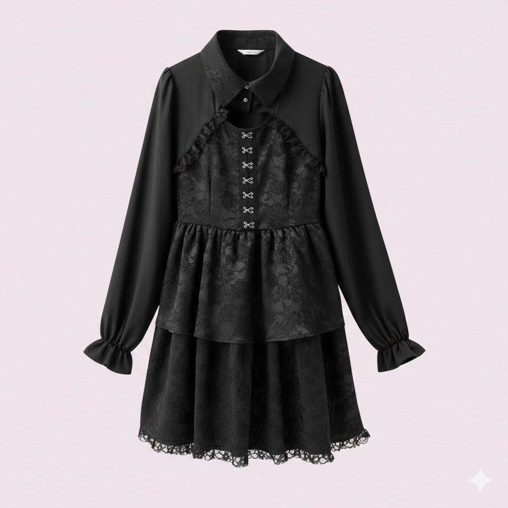 Majonetty Black Floral Long Sleeve Dress Faux TwoPiece Dark Mori style1