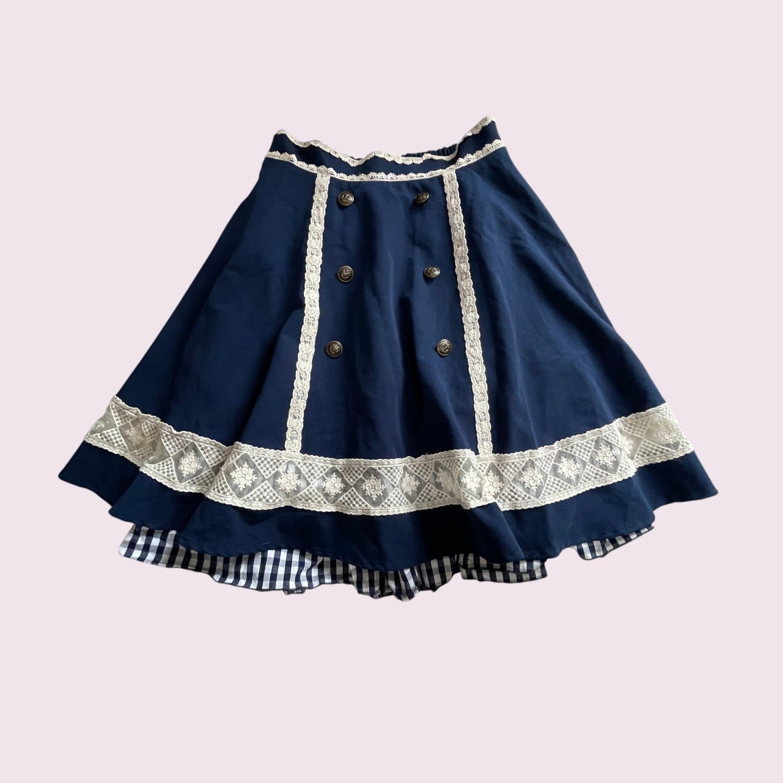 Axes Femme navy lace trim skirt with gingham hem0