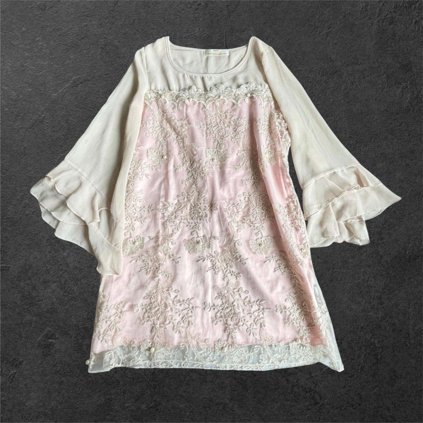 SNIDEL Embroidered Chiffon Dress – Soft Pink & Ivory Romantic Style1