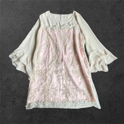 SNIDEL Embroidered Chiffon Dress – Soft Pink & Ivory Romantic Style1