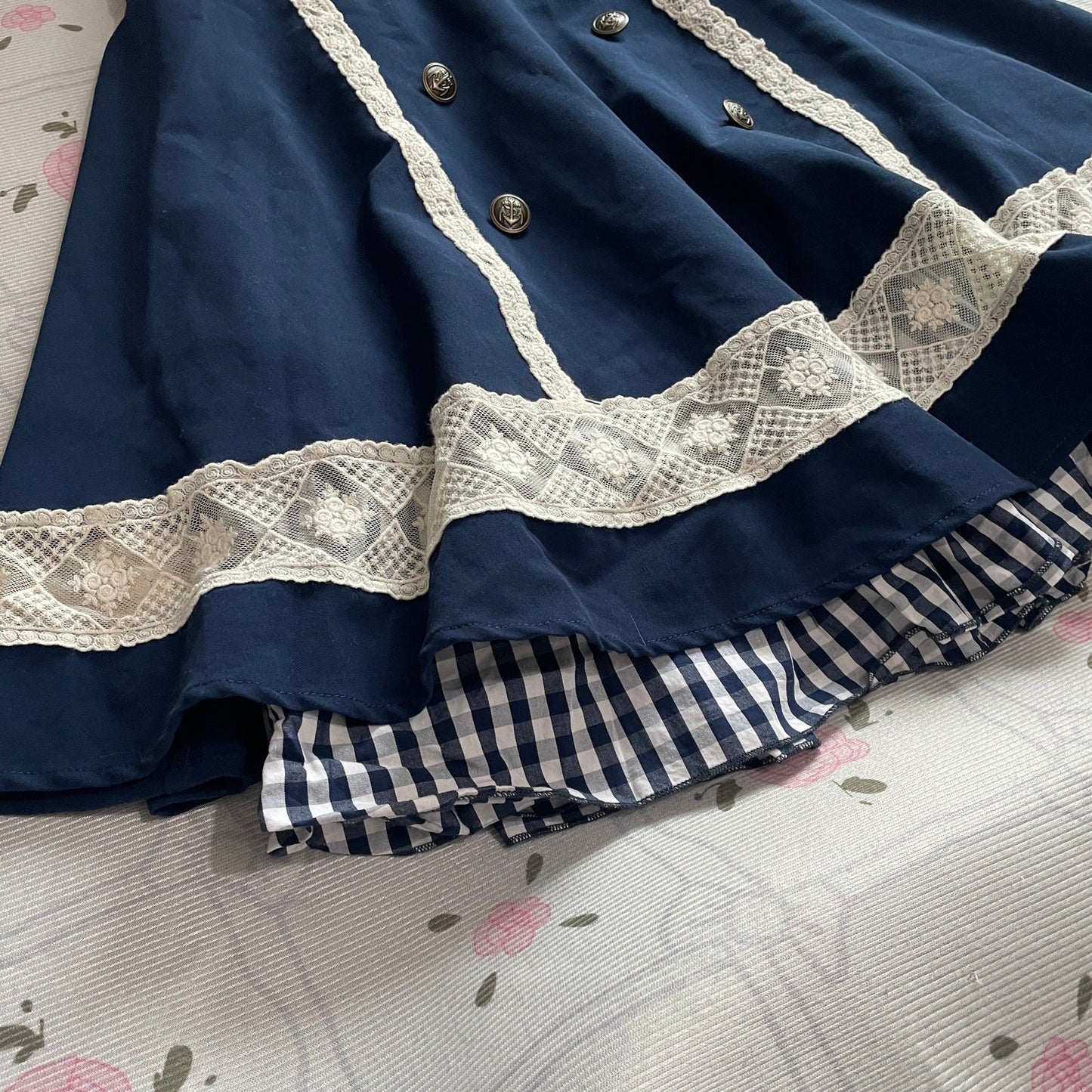 Axes Femme navy lace trim skirt with gingham hem3