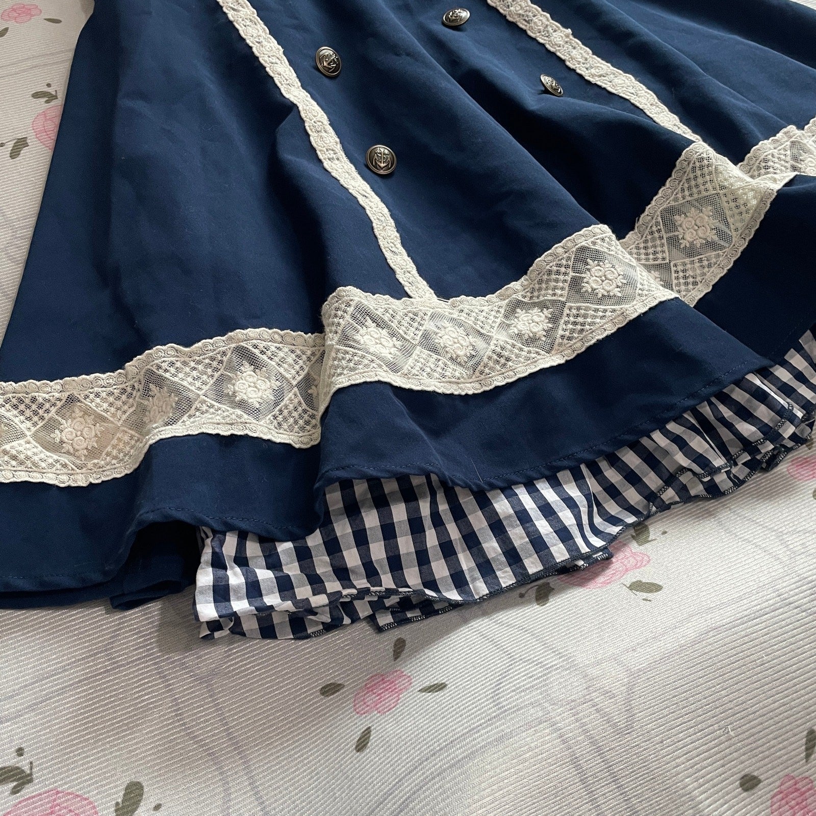 Axes Femme navy lace trim skirt with gingham hem3