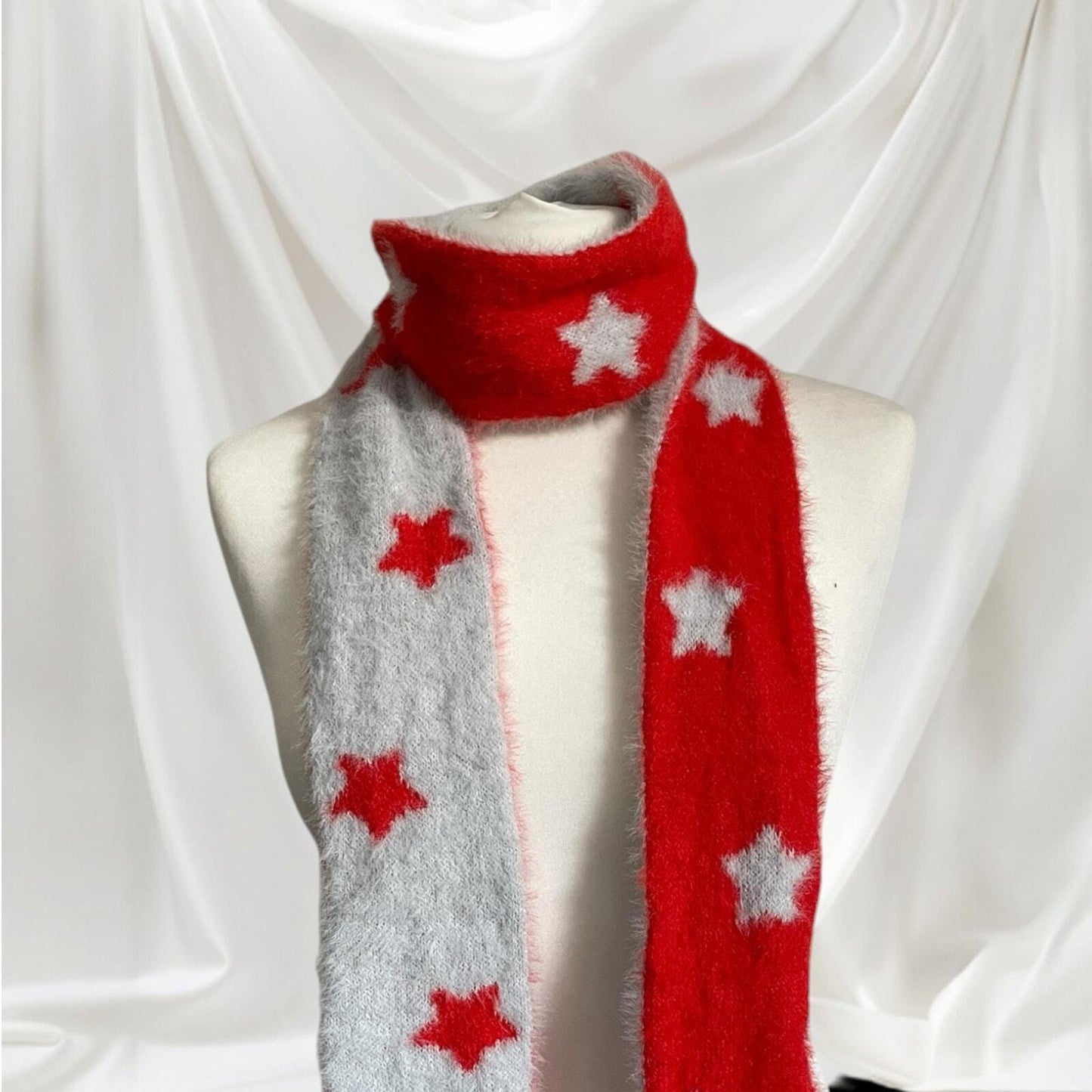 Reversible skinny scarf faux fur star pattern y2k style winter accessory1