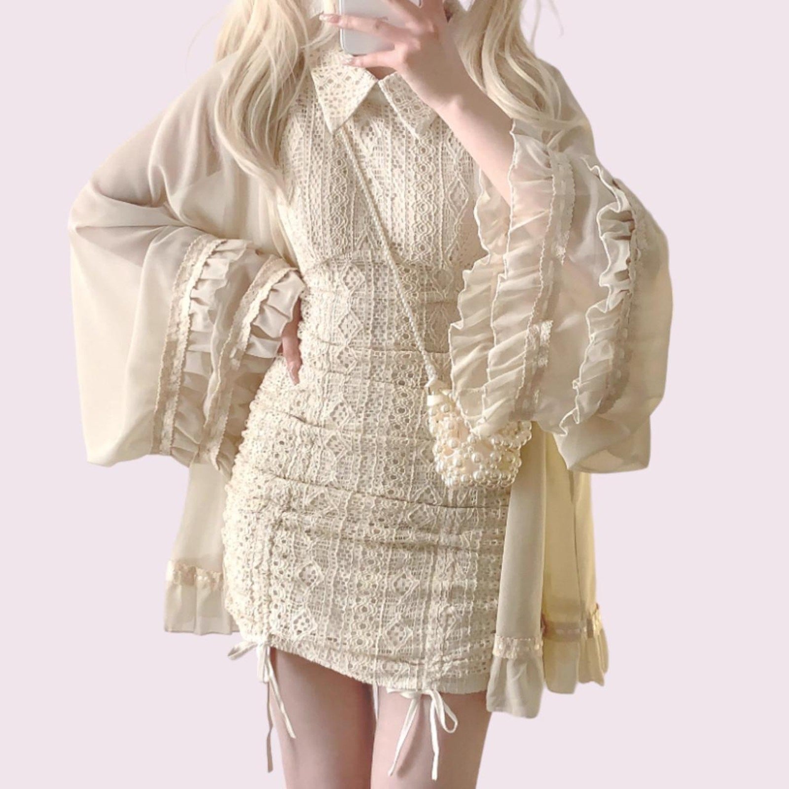 Beige sleeveless lace mini dress (overpiece not included)0